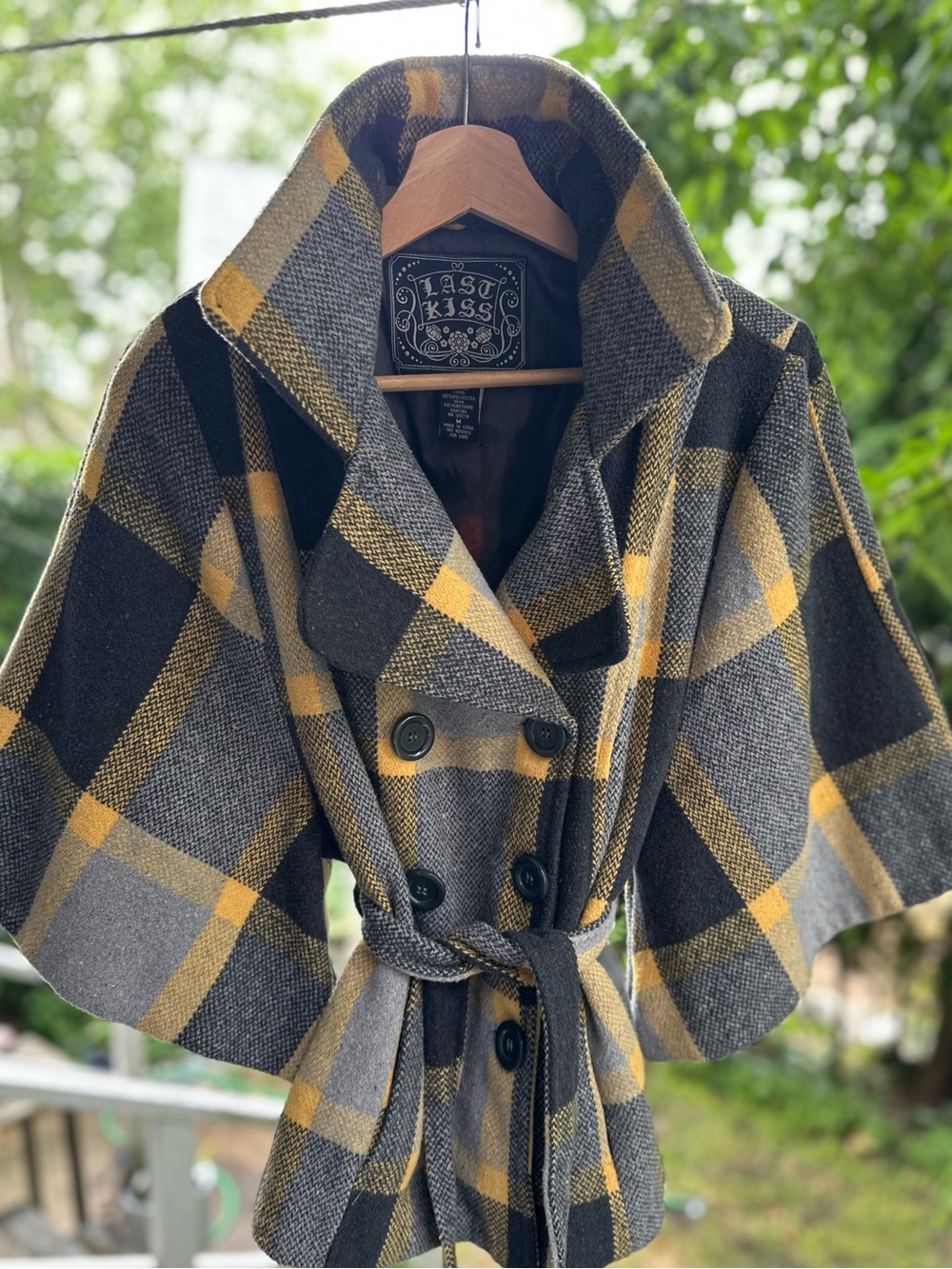 Last Kiss Gray & Mustard Plaid Wool-Blend Cape with Tie Belt